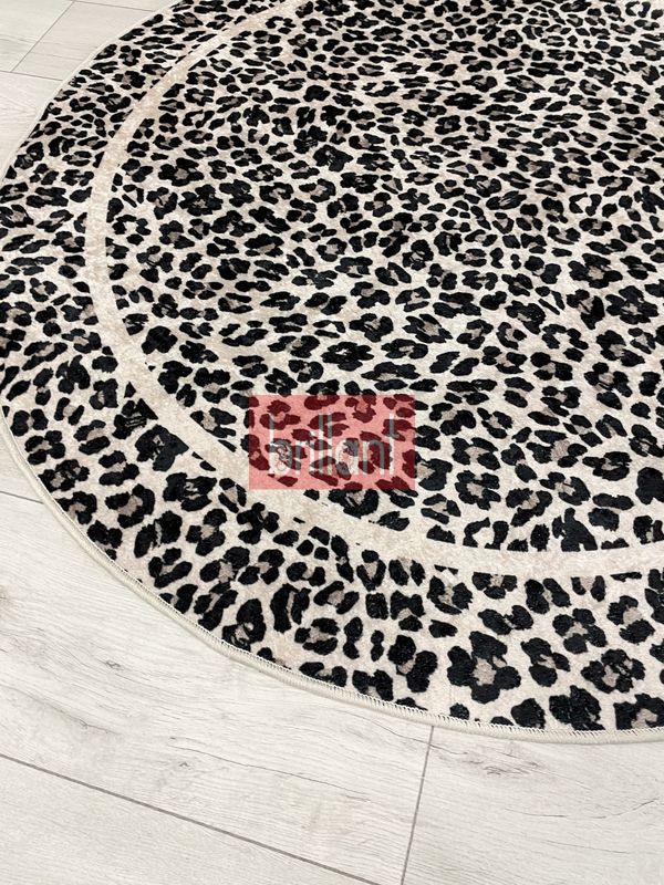 (bej) Leopar Desenli Yuvarlak Lateks Deri Halı - 4
