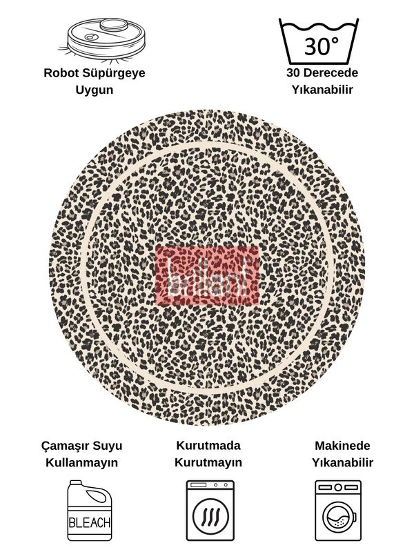 (bej) Leopar Desenli Yuvarlak Lateks Deri Halı - 6