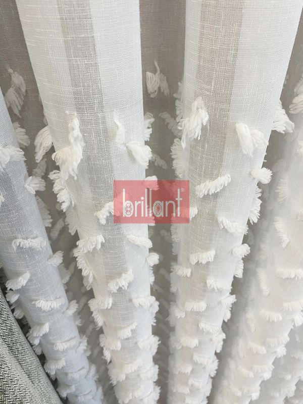 (ekru) Ekru-Kırık Beyaz- 1/3 SIK Pile - Ponpon Pufy Keten Görünümlü Tül Perde - 2
