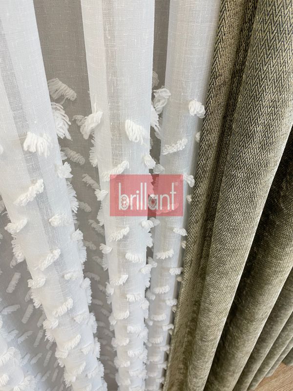 (ekru) Ekru-Kırık Beyaz- 1/3 SIK Pile - Ponpon Pufy Keten Görünümlü Tül Perde - 3
