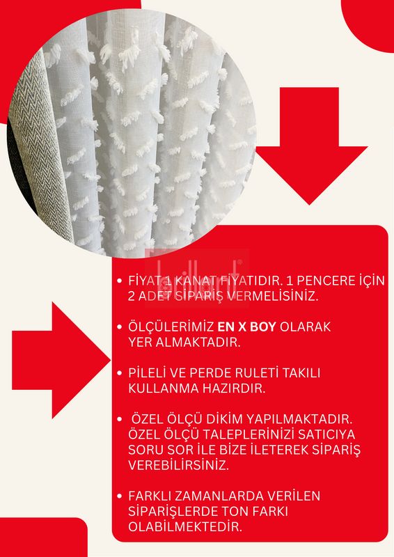 (ekru) Ekru-Kırık Beyaz- 1/3 SIK Pile - Ponpon Pufy Keten Görünümlü Tül Perde - 5