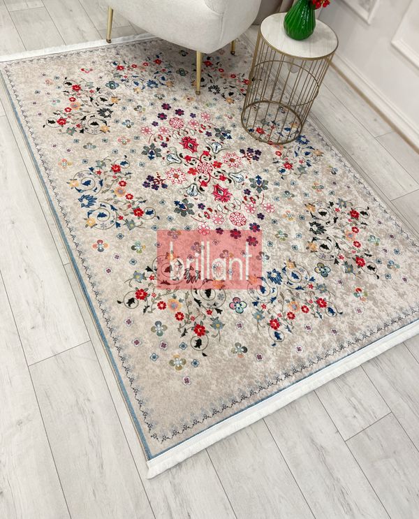 (bej) BEJ Renk Çiçek Desenli Vintage Lateks Taban Halı - 2