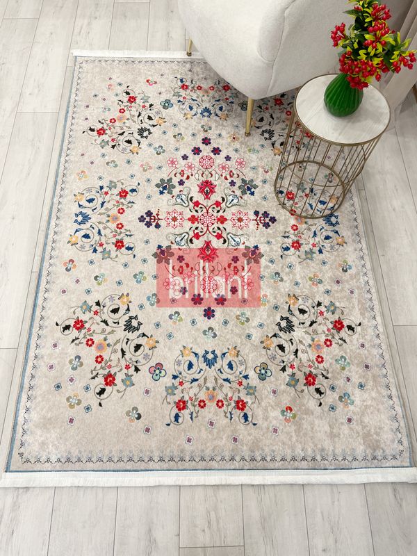 (bej) BEJ Renk Çiçek Desenli Vintage Lateks Taban Halı - 4