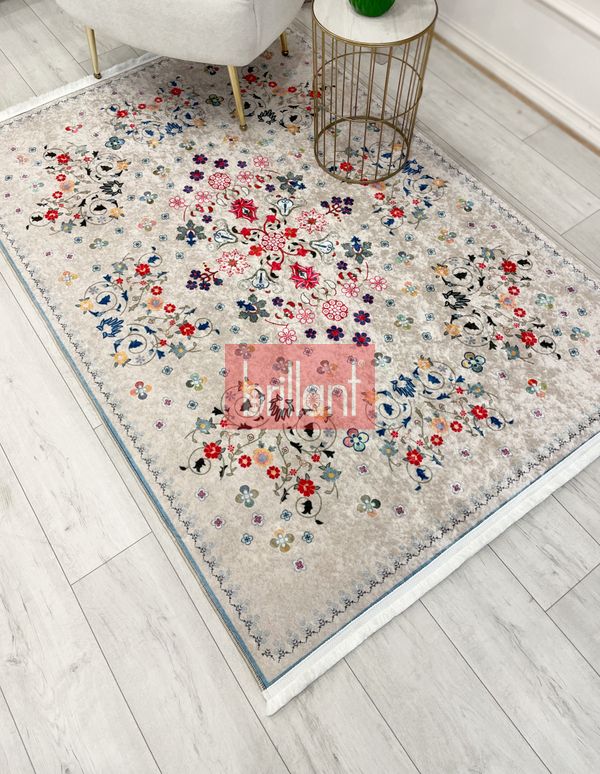 (bej) BEJ Renk Çiçek Desenli Vintage Lateks Taban Halı - 5