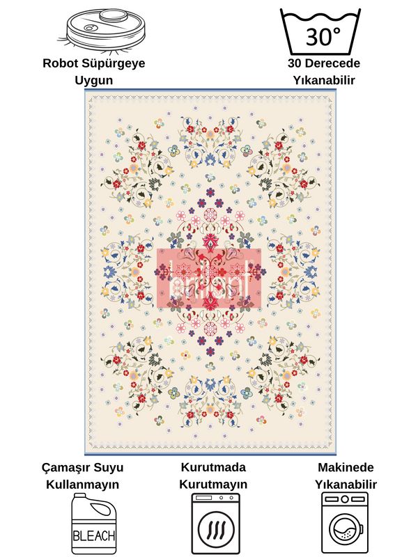(bej) BEJ Renk Çiçek Desenli Vintage Lateks Taban Halı - 7