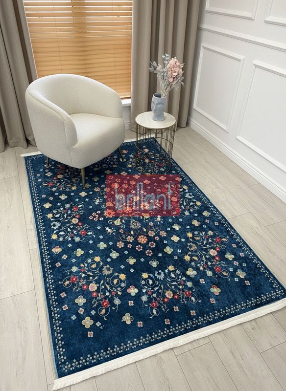 (lacivert) LACİVERT Blue Floral Vintage Lateks Taban Halı - 2
