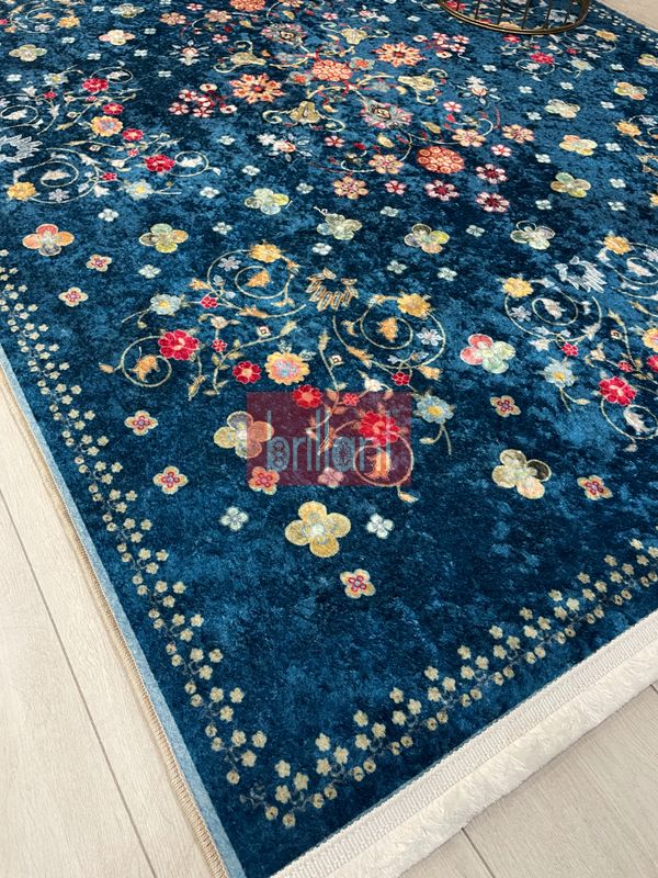 (lacivert) LACİVERT Blue Floral Vintage Lateks Taban Halı - 3