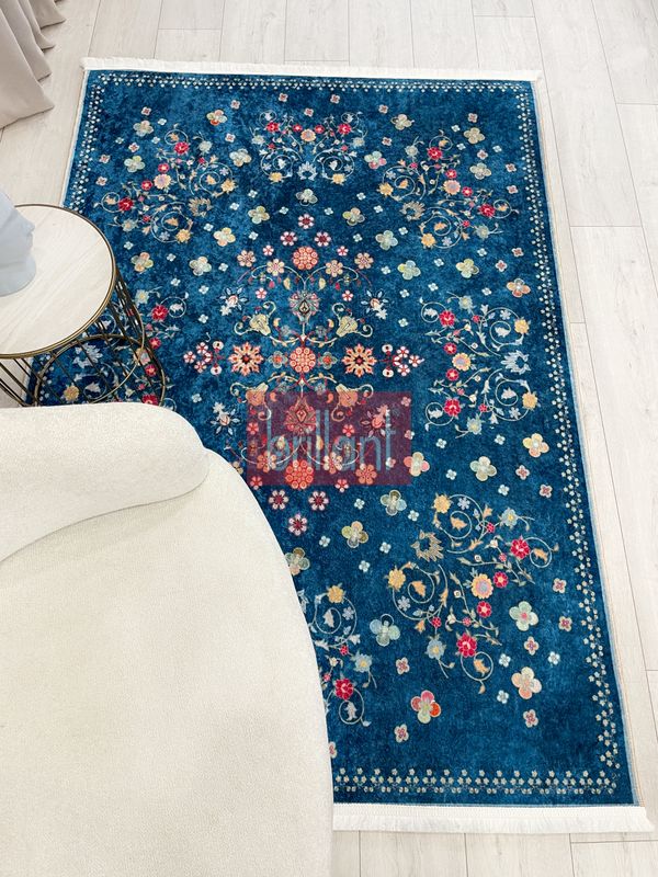 (lacivert) LACİVERT Blue Floral Vintage Lateks Taban Halı - 4