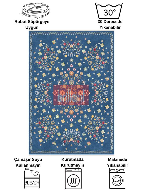 (lacivert) LACİVERT Blue Floral Vintage Lateks Taban Halı - 7