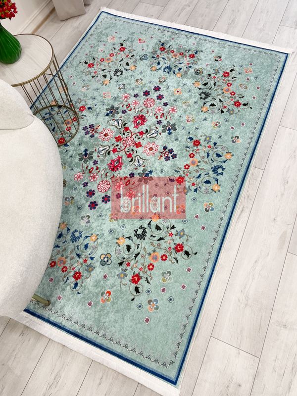 (su-yesili) Yeşil Renk Çiçek Desenli Vintage Lateks Taban Halı - 2