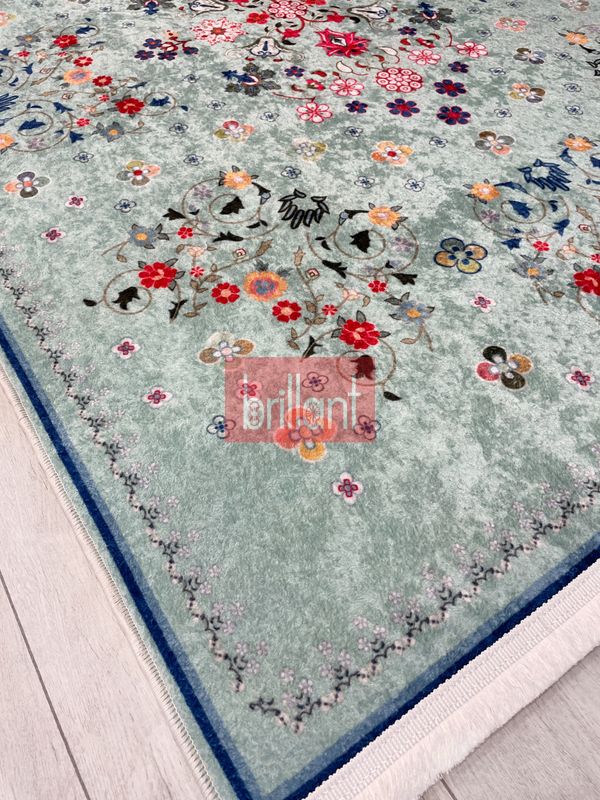 (su-yesili) Yeşil Renk Çiçek Desenli Vintage Lateks Taban Halı - 3