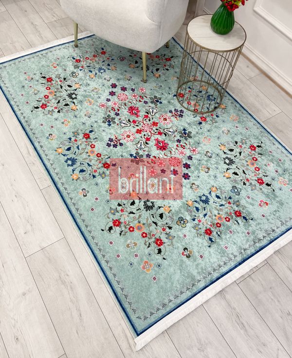(su-yesili) Yeşil Renk Çiçek Desenli Vintage Lateks Taban Halı - 4
