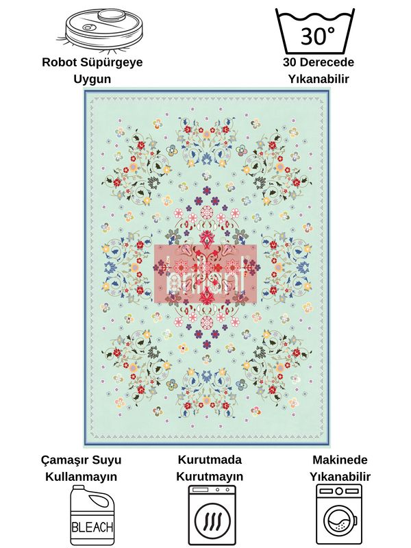 (su-yesili) Yeşil Renk Çiçek Desenli Vintage Lateks Taban Halı - 6