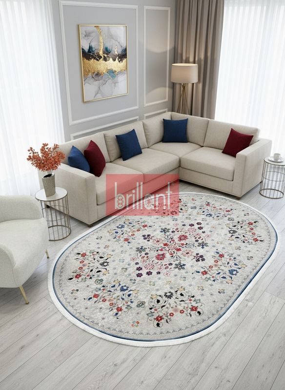 (bej-oval) BEJ Renk Çiçek Desenli Vintage Lateks Taban Halı - 2