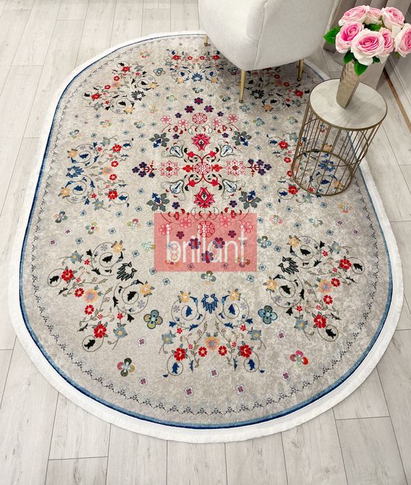 (bej-oval) BEJ Renk Çiçek Desenli Vintage Lateks Taban Halı - 4