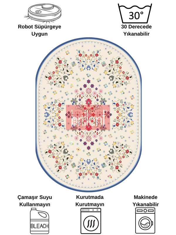 (bej-oval) BEJ Renk Çiçek Desenli Vintage Lateks Taban Halı - 6