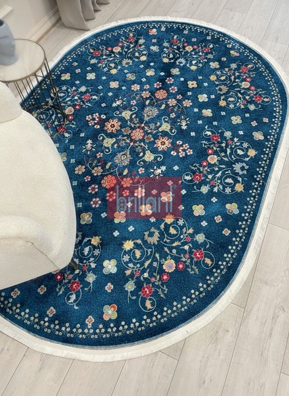 (lacivertyuvarlak) LACİVERT Blue Floral Vintage Lateks Taban Halı - 2