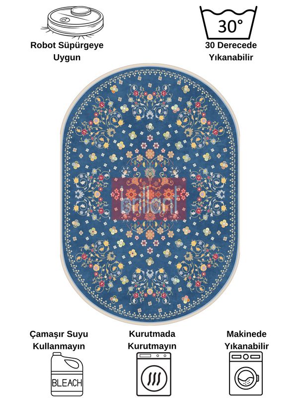 (lacivertyuvarlak) LACİVERT Blue Floral Vintage Lateks Taban Halı - 6