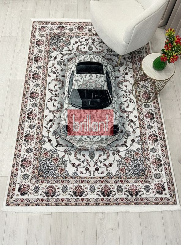 (ekru) Vintage Araba Desenli Lateks Taban Halı - 2