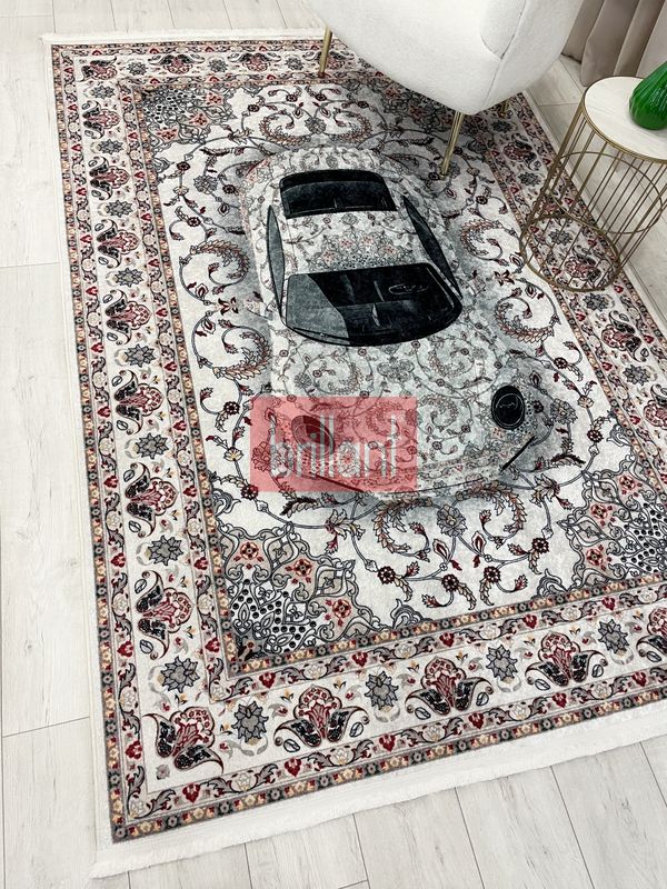 (ekru) Vintage Araba Desenli Lateks Taban Halı - 3