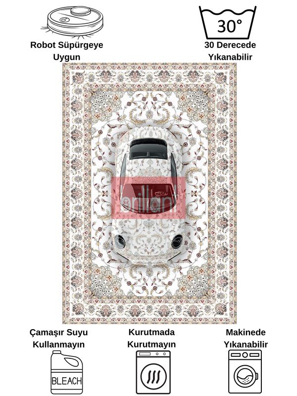 (ekru) Vintage Araba Desenli Lateks Taban Halı - 5