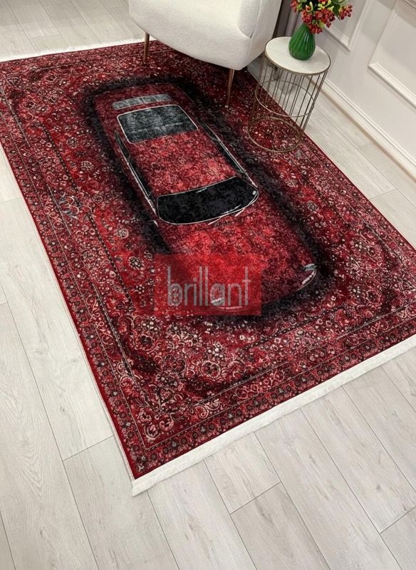 (kirmizi) Vintage Araba Desenli Lateks Taban Halı - 2