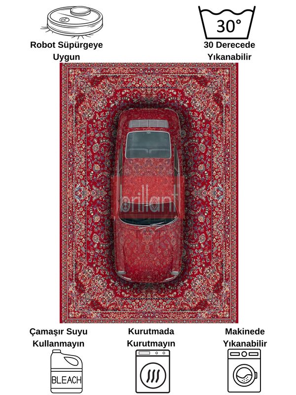 (kirmizi) Vintage Araba Desenli Lateks Taban Halı - 5