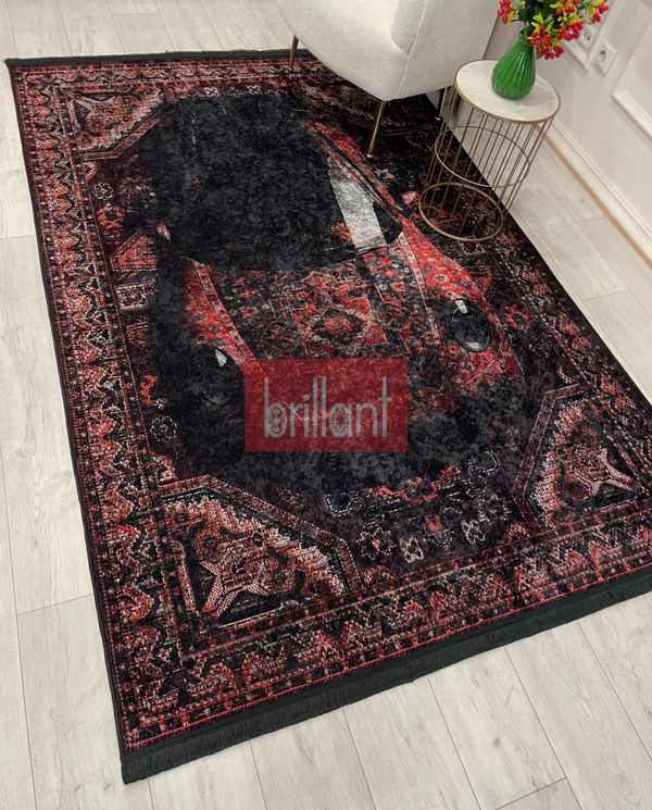 (kirmizi) Vintage Araba Desenli Lateks Taban Halı - 4