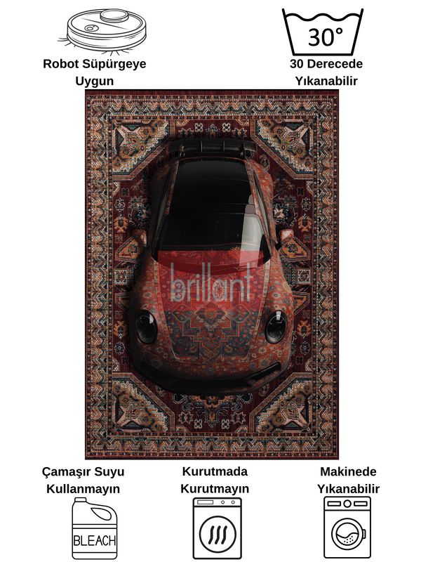 (kirmizi) Vintage Araba Desenli Lateks Taban Halı - 6