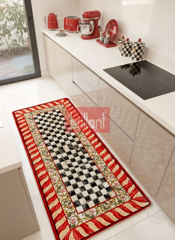 (kirmizi) Kırmızı Renk- Mackenzie Stili Damalı Mutfak Antre Yolluk Halı - 2