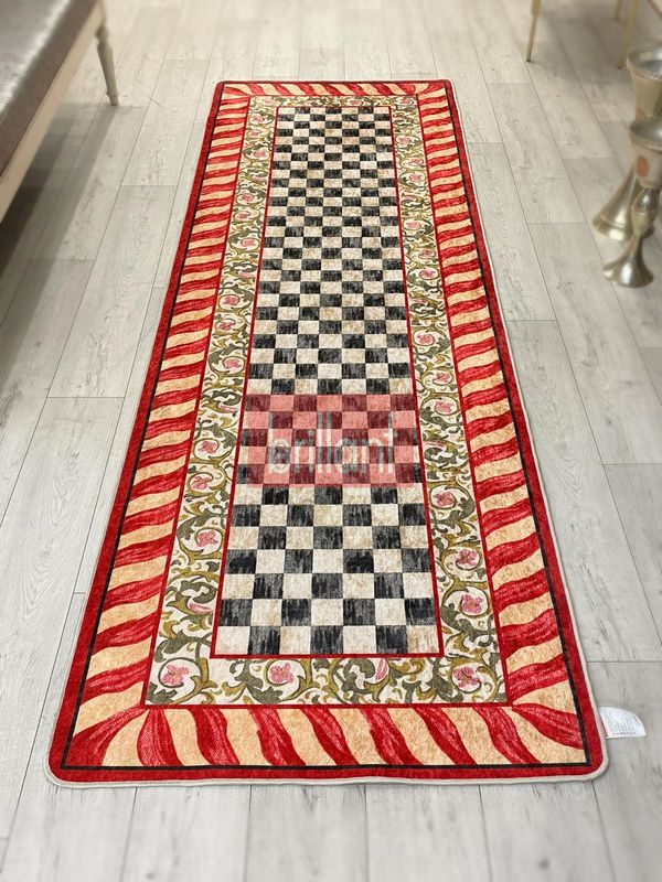 (kirmizi) Kırmızı Renk- Mackenzie Stili Damalı Mutfak Antre Yolluk Halı - 4