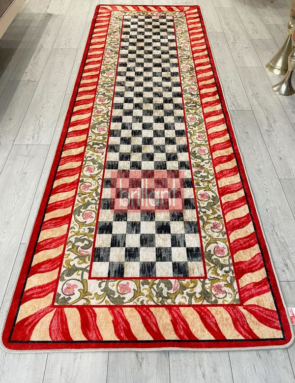 (kirmizi) Kırmızı Renk- Mackenzie Stili Damalı Mutfak Antre Yolluk Halı - 5
