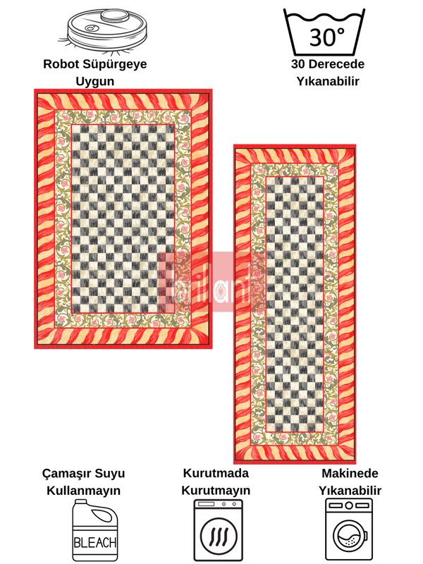 (kirmizi) Kırmızı Renk- Mackenzie Stili Damalı Mutfak Antre Yolluk Halı - 8