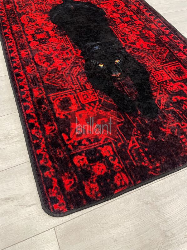 (siyah) Panter Desenli Kırmızı Dekoratif Lateks Halı - 2