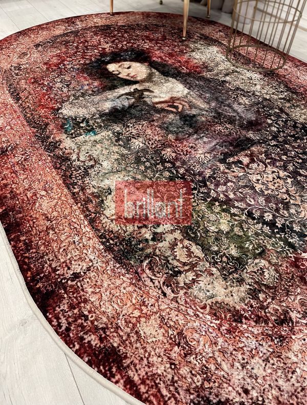 (kahverengi) Kahve-Kırmızı Eskitme Vintage Etnik Desenli Oval Lateks Taban Halı - 3