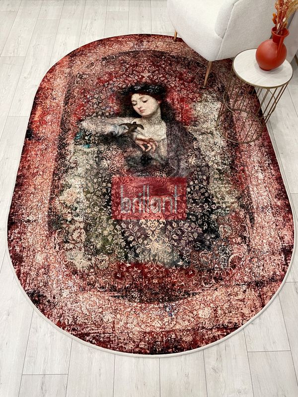 (kahverengi) Kahve-Kırmızı Eskitme Vintage Etnik Desenli Oval Lateks Taban Halı - 4