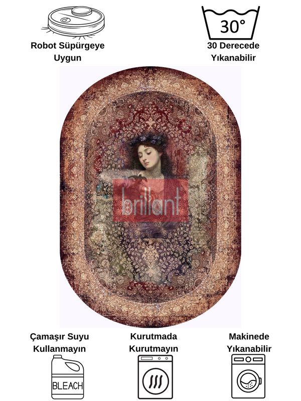 (kahverengi) Kahve-Kırmızı Eskitme Vintage Etnik Desenli Oval Lateks Taban Halı - 6