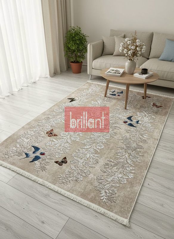 (bej) BEJ- Nakış İşleme Görünümlü Kuşlu Lateks Taban Yolluk Halı - 2