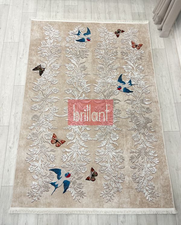 (bej) BEJ- Nakış İşleme Görünümlü Kuşlu Lateks Taban Yolluk Halı - 3