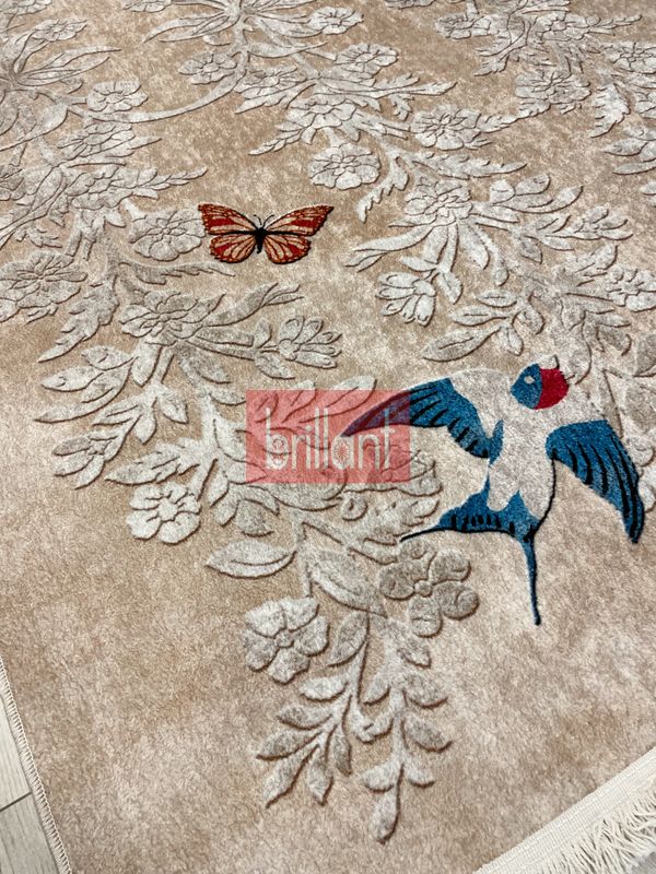 (bej) BEJ- Nakış İşleme Görünümlü Kuşlu Lateks Taban Yolluk Halı - 4