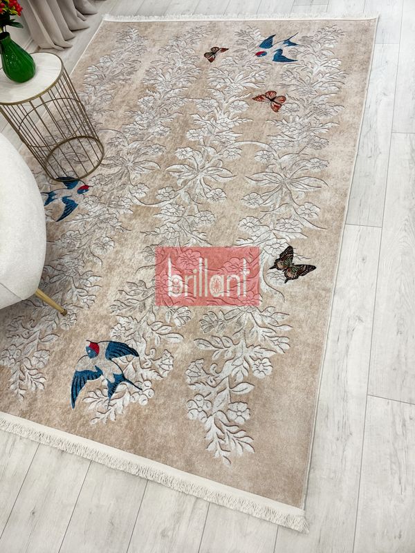 (bej) BEJ- Nakış İşleme Görünümlü Kuşlu Lateks Taban Yolluk Halı - 5
