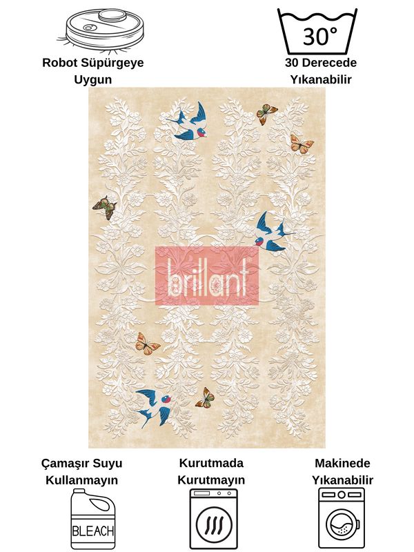 (bej) BEJ- Nakış İşleme Görünümlü Kuşlu Lateks Taban Yolluk Halı - 7