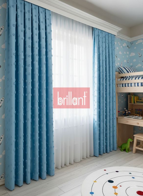 (mavi) Mavi Renk Çocuk Odası Ponponlu Pufy Fon Perde 1/3 SIK Pile - 2