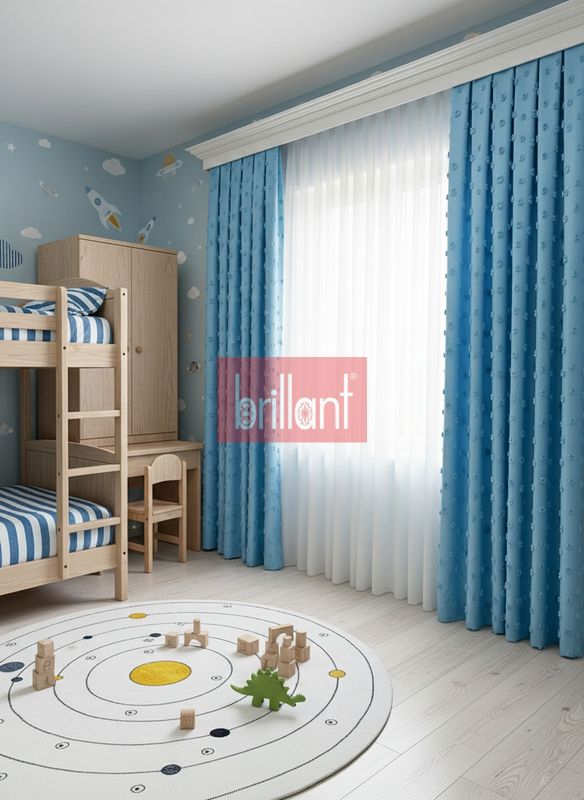 (mavi) Mavi Renk Çocuk Odası Ponponlu Pufy Fon Perde 1/3 SIK Pile - 3