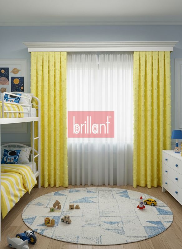 (sari) Sarı Renk Çocuk Odası Ponponlu Pufy Fon Perde 1/3 SIK Pile - 2