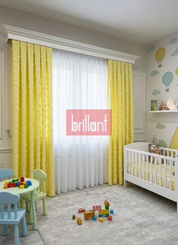 (sari) Sarı Renk Çocuk Odası Ponponlu Pufy Fon Perde 1/3 SIK Pile - 4