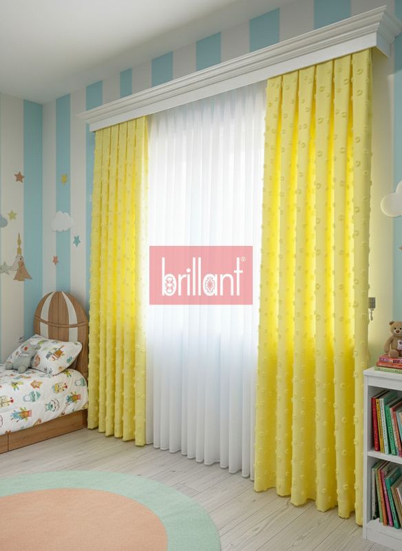 (sari) Sarı Renk Çocuk Odası Ponponlu Pufy Fon Perde 1/3 SIK Pile - 5