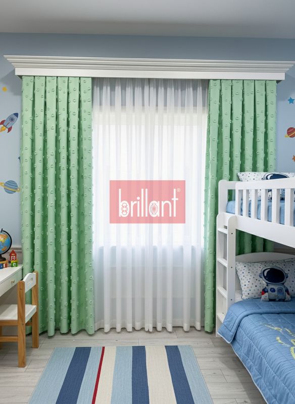 (yesil) Yeşil Renk Çocuk Odası Ponponlu Pufy Fon Perde 1/3 SIK Pile - 2