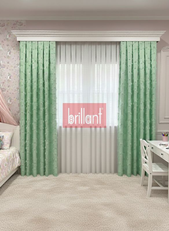 (yesil) Yeşil Renk Çocuk Odası Ponponlu Pufy Fon Perde 1/3 SIK Pile - 3