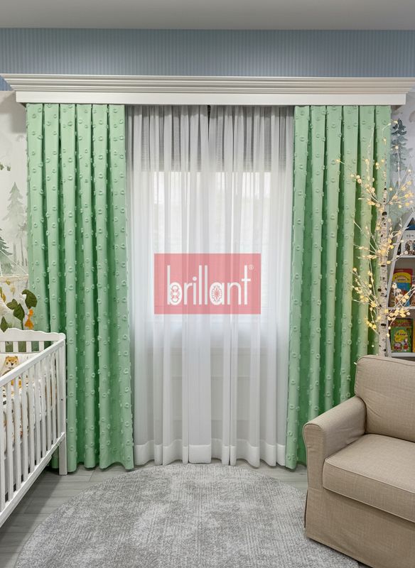 (yesil) Yeşil Renk Çocuk Odası Ponponlu Pufy Fon Perde 1/3 SIK Pile - 4